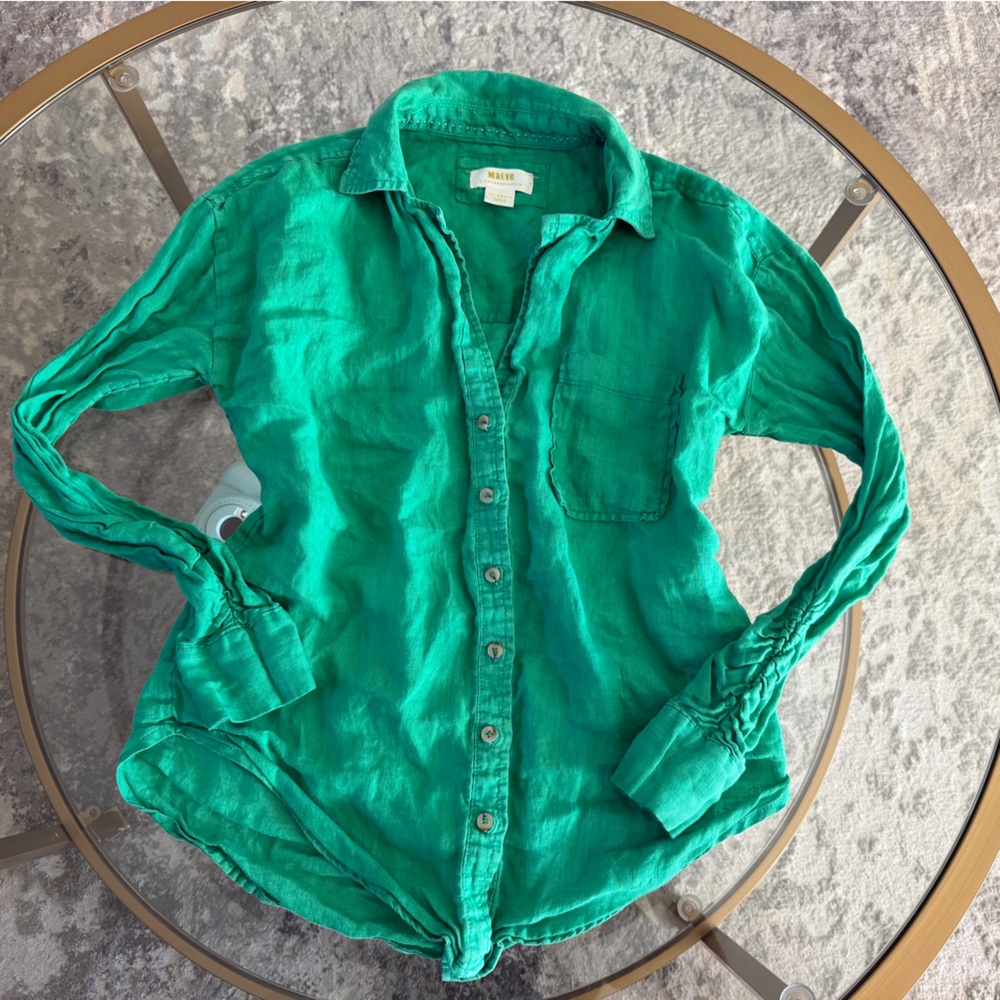 Maeve Anthropologie Green Button-Up Linen Shirt